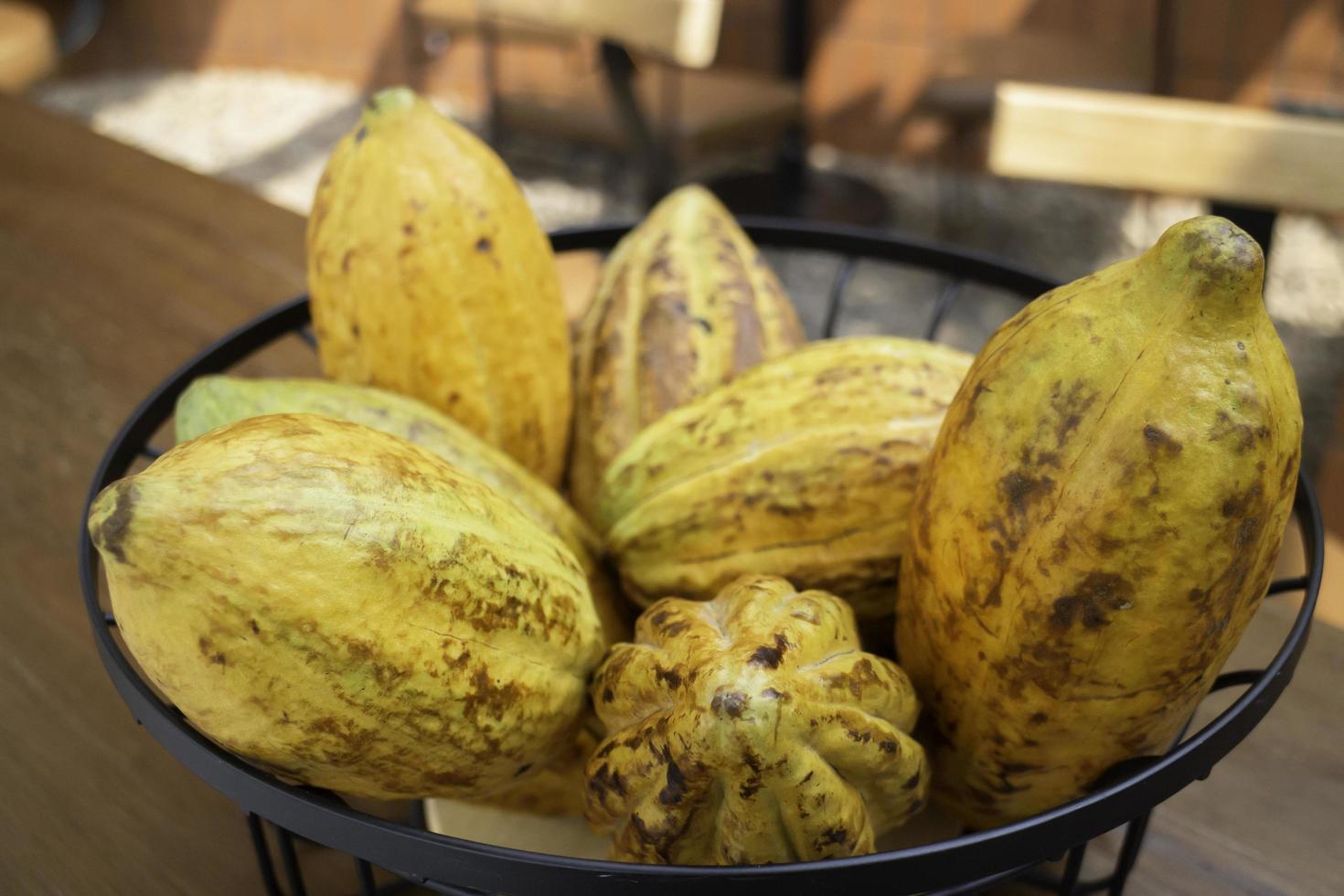 Cocoa fruits bowl on table photo