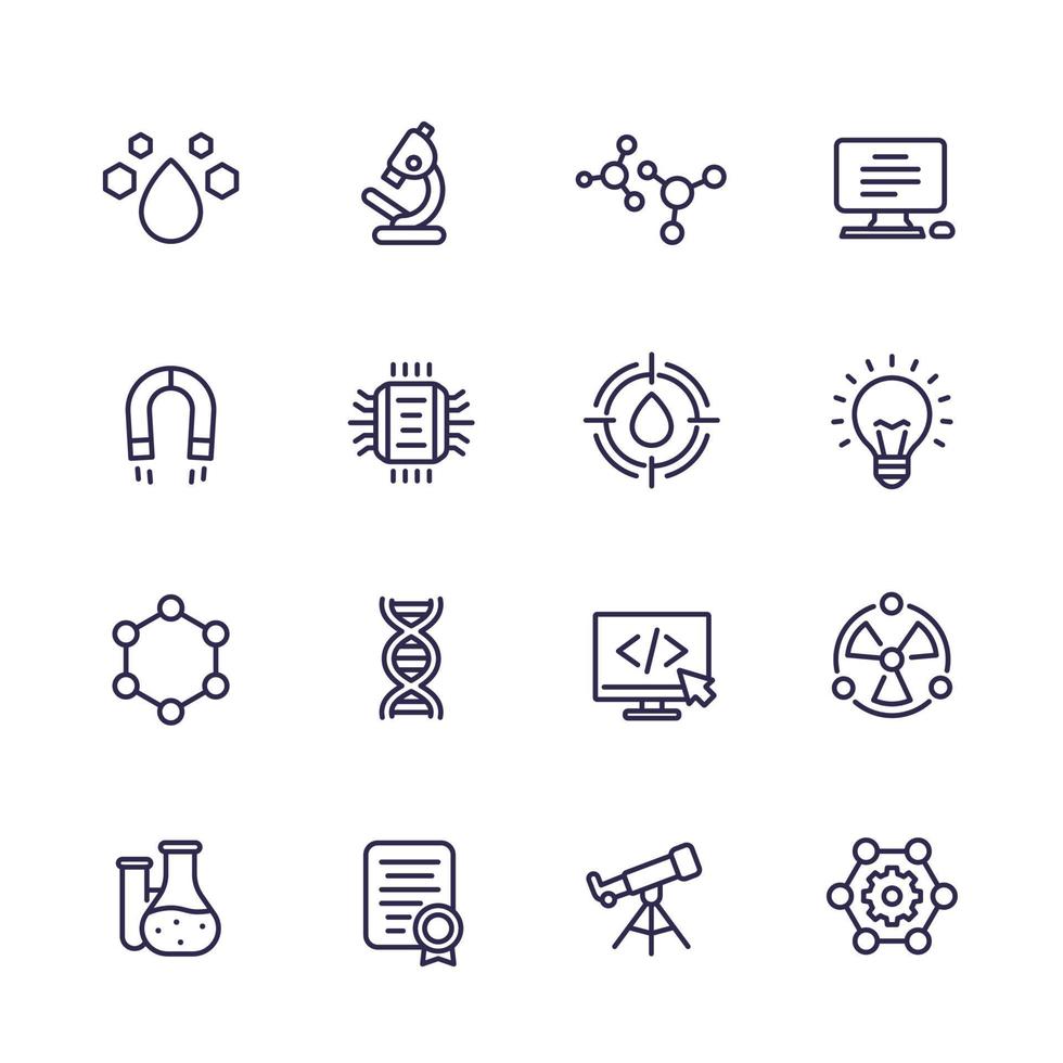 Science, technology and research line icons set vector