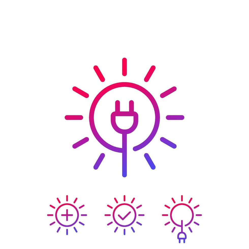 Solar energy, sun and electric plug, vector linear logo and icons