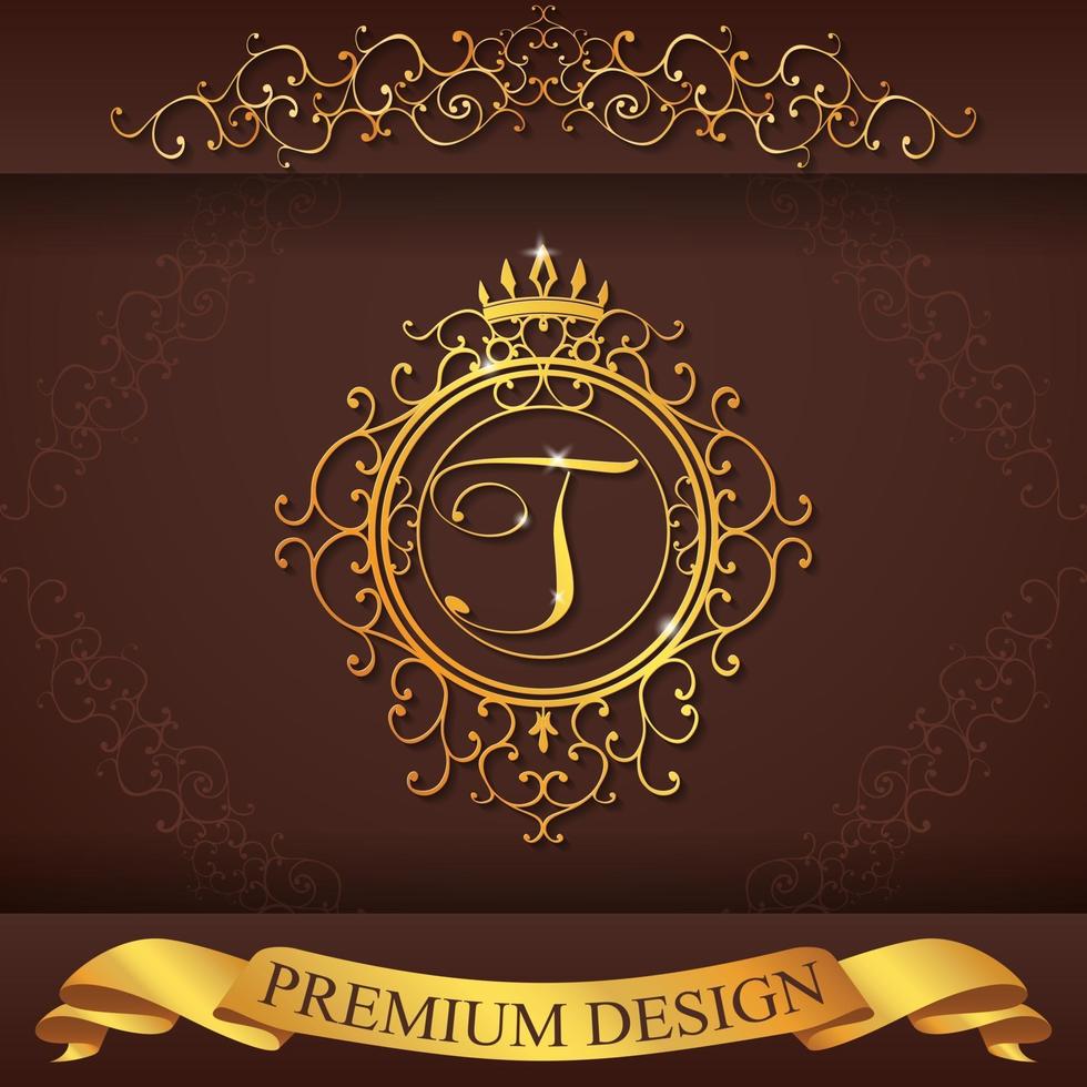 Heraldic alphabet gold premium design T vector