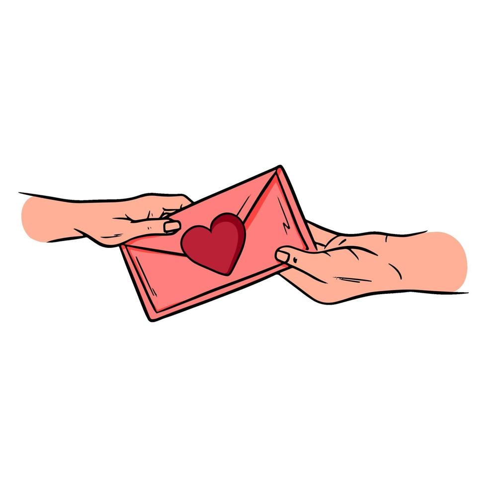 Valentine is passed from hand to hand. Envelope with hearts. Cartoon style. vector