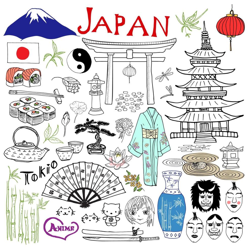 Japan doodles elements. Hand drawn set with Fujiyama mountain, Shinto gate, Japanese food sushi and tea set, fan, theater masks, katana, pagoda, kimono. Drawing doodle collection, isolated on white. vector