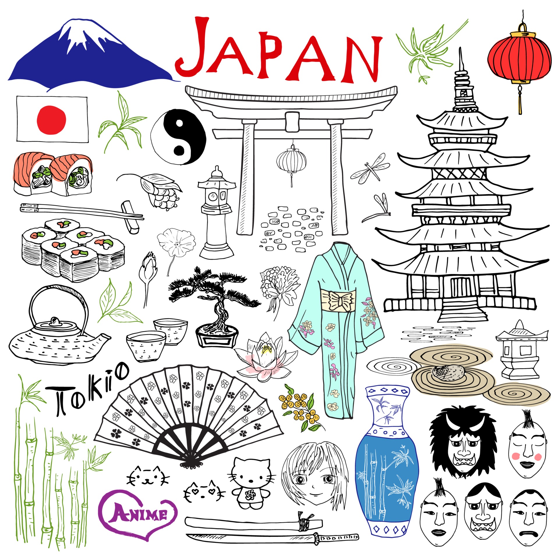 Japan doodles elements. Hand drawn set with Fujiyama mountain, Shinto gate,  Japanese food sushi and tea set, fan, theater masks, katana, pagoda, kimono.  Drawing doodle collection, isolated on white. 2297915 Vector Art