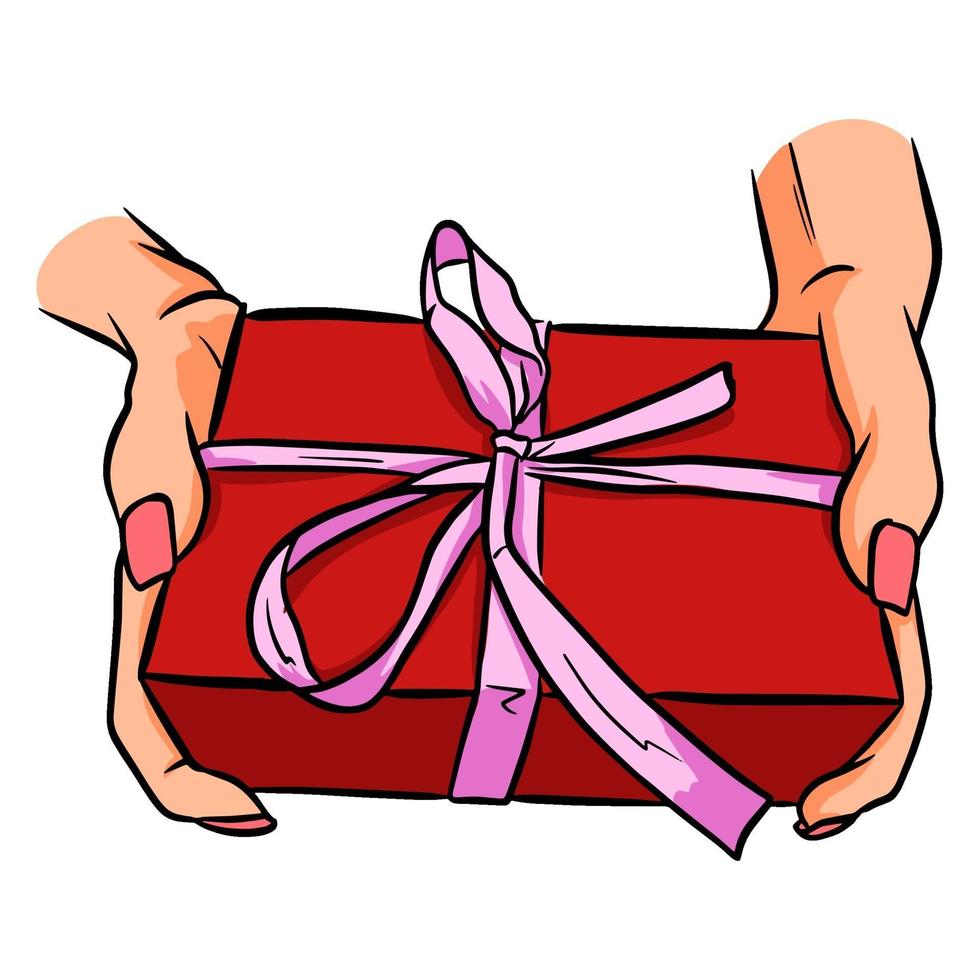 Gift in hand. A gift in a festive package. Cartoon style. vector