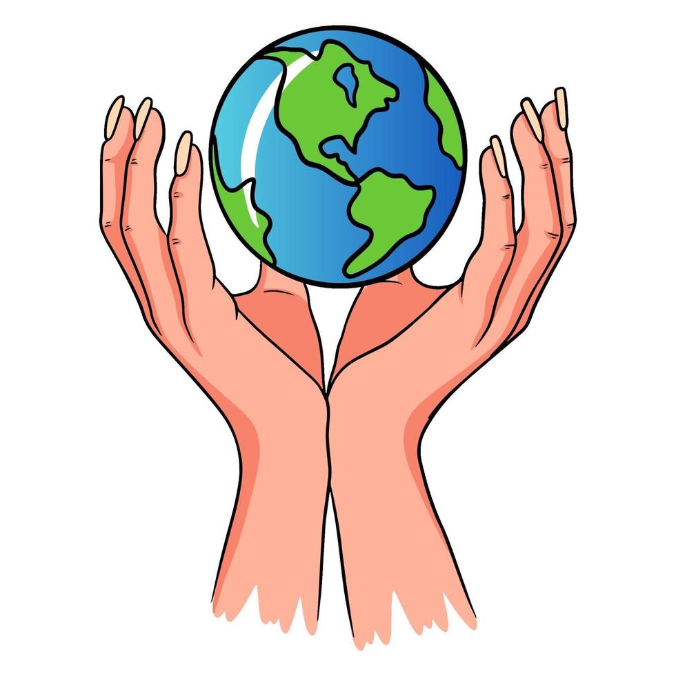 The planet is in the hands. Let's save the planet from pollution. Cartoon style. vector