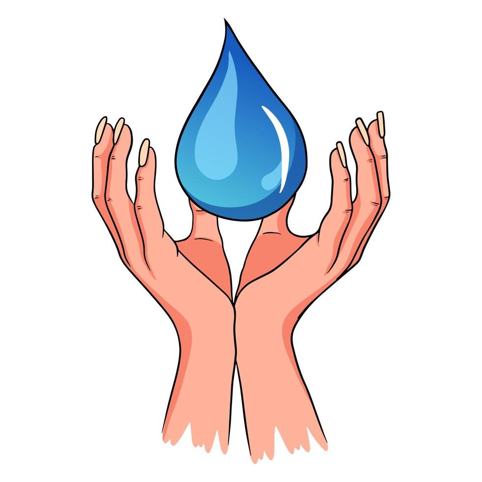 Drop in hand. Let's protect clean water. Drinking water. Cartoon style. vector