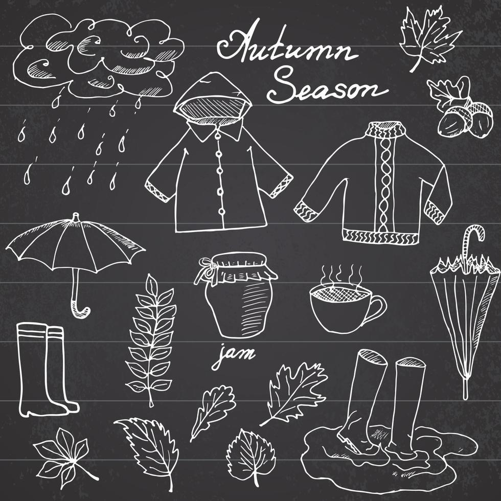Autumn season set doodles elements. Hand drawn set with umprella cuo of hot tea, rain, rubber boots, clothes and leaves collection. Drawing doodle collection vector