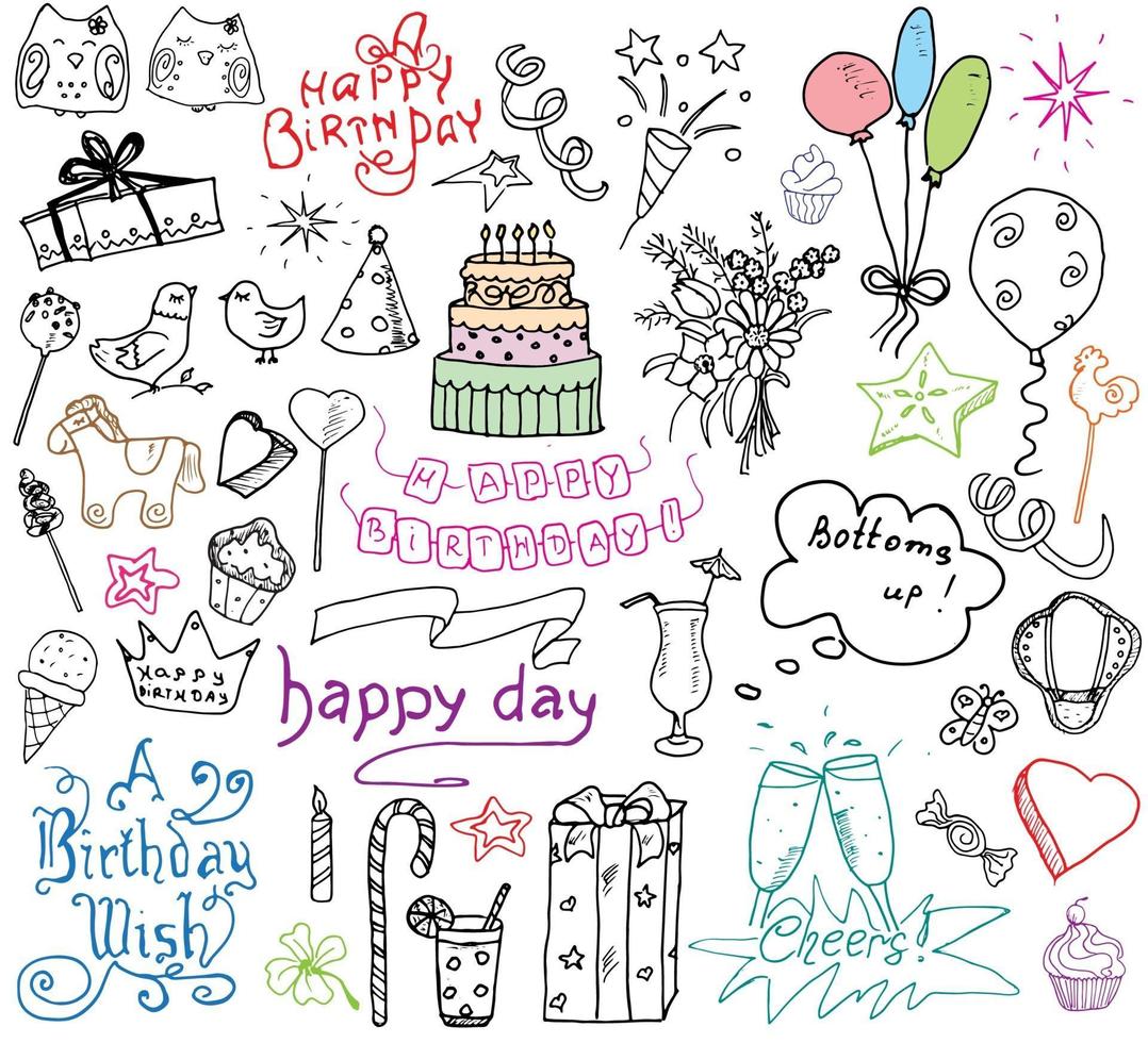 Birthday party elements colored hand drawn sketch with numbers vector