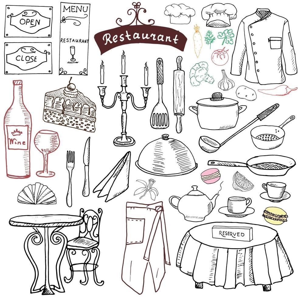 restaurante croquis conjunto de garabatos. elementos dibujados a mano comida y bebida, cuchillo, tenedor, menú, uniforme de chef, botella de vino, delantal de camarero dibujo colección doodle, aislado en blanco vector