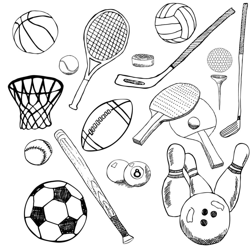 Sport balls Hand drawn sketch set with baseball, bowling, tennis football, golf balls and other sports items. Drawing doodles elements. collection, isolated on white background vector