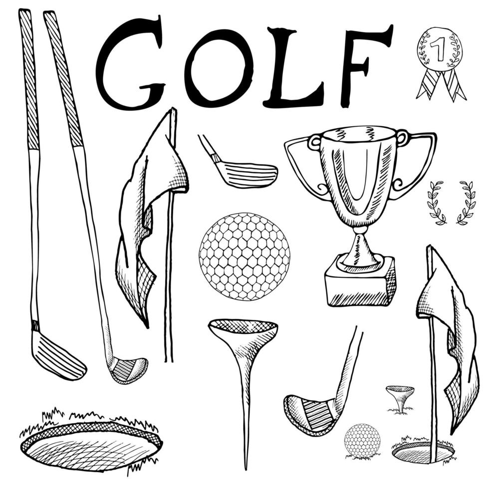 Golf Sport Hand drawn sketch set vector illustration with golf clubs