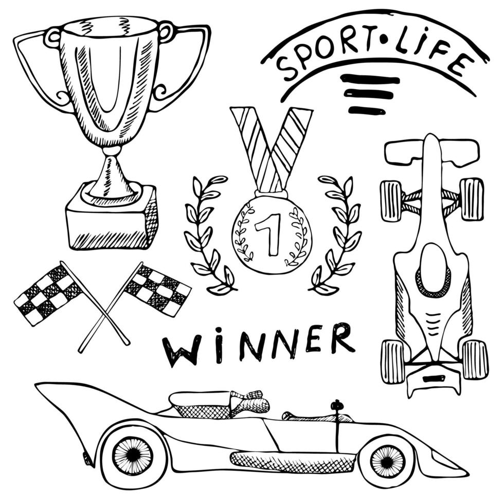 Sport auto items doodles elements. Hand drawn set with Flag icon. Checkered or racing flags first place prize cup. medal and rasing car, race vector illustration. Drawing doodle collection isolated on white