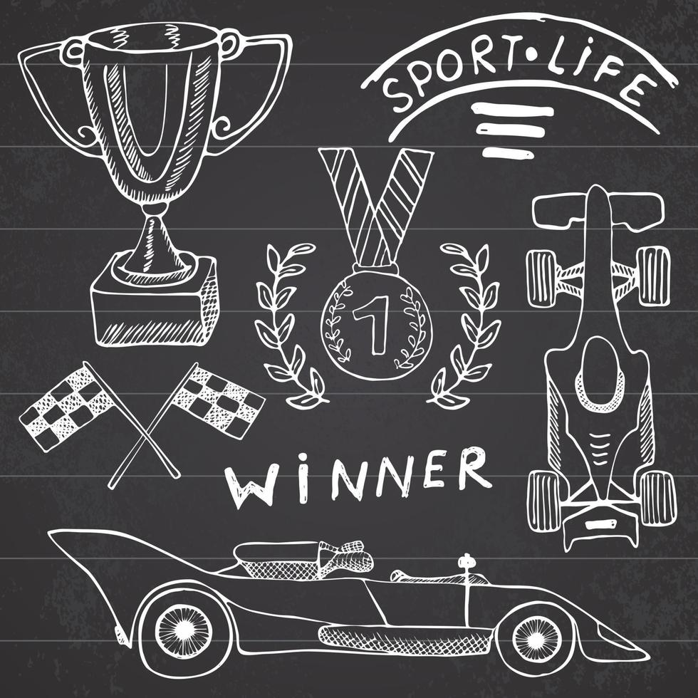 Sport auto items doodles elements. Hand drawn set with Flag icon. Checkered or racing flags first place prize cup. medal, rasing car, race vector illustration. Drawing doodle collection on chalkboard