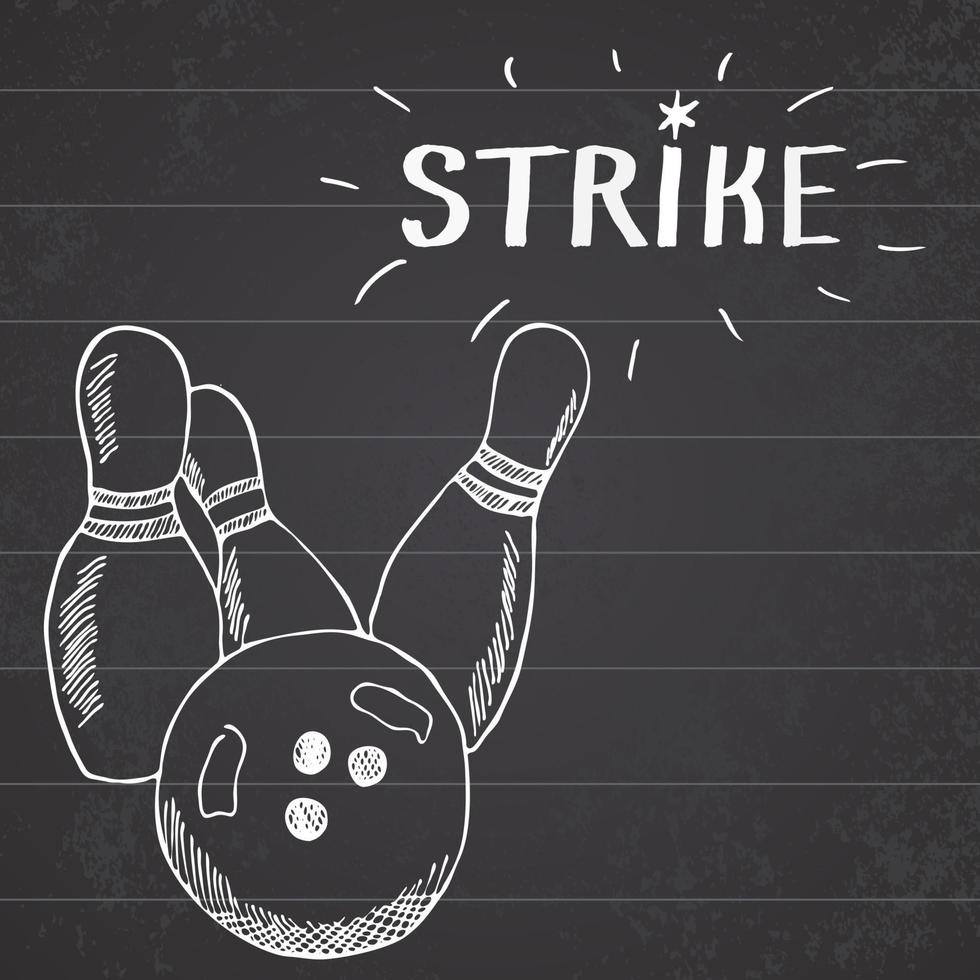 Sport bowling ball and pins Hand drawn sketch sports items. Drawing doodles elements with sign strike on chalkboard background vector
