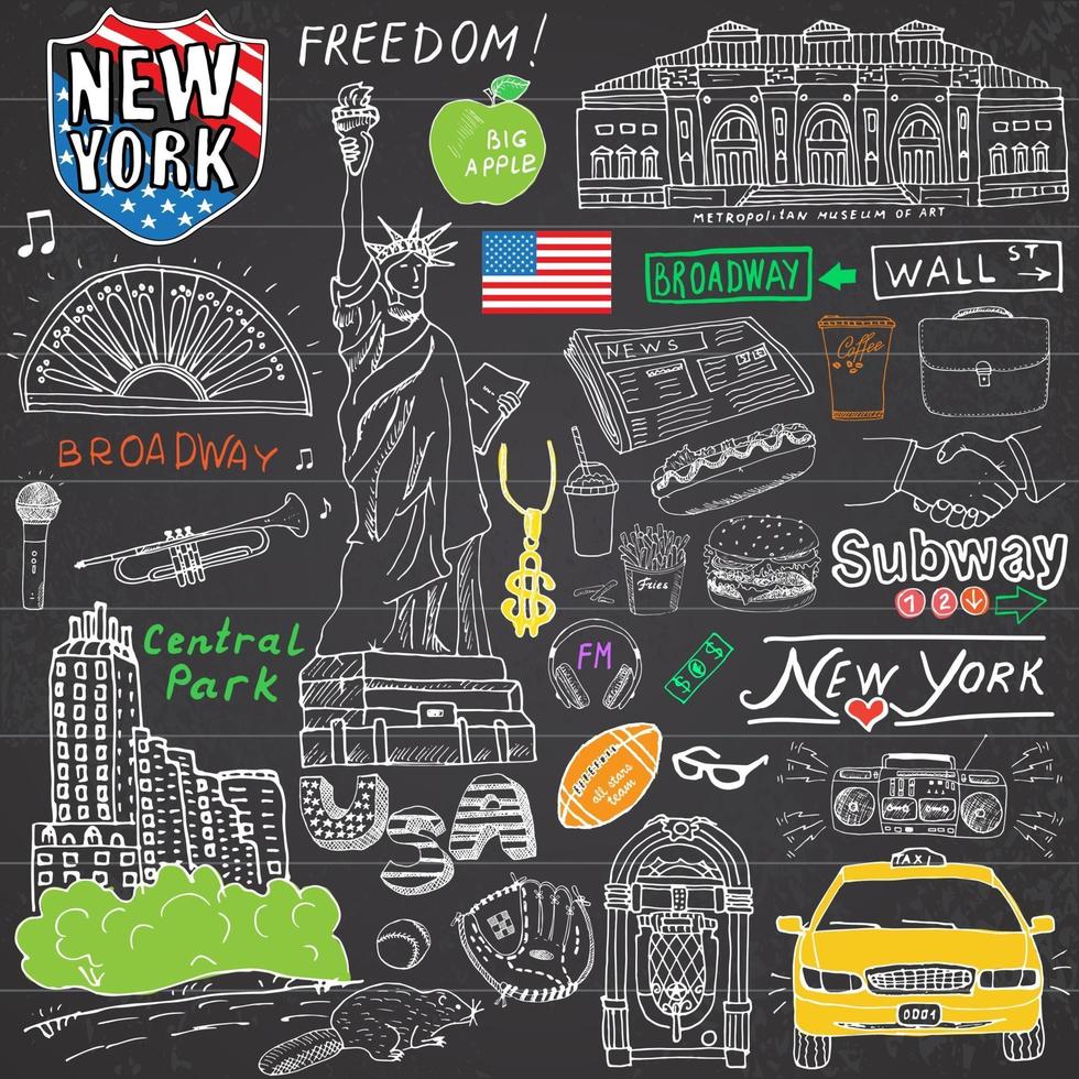 elementos de garabatos de la ciudad de nueva york. conjunto dibujado a mano con, taxi, café, hotdog, estatua de la libertad, broadway, música, café, periódico, museo, parque central. dibujo doodle colección, aislado en blanco vector