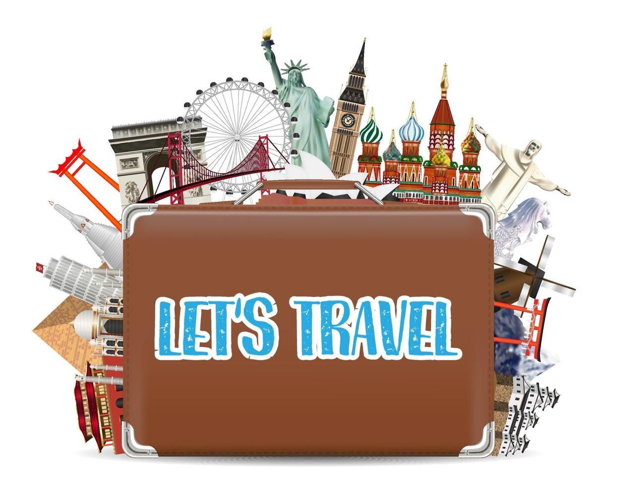 bolsa de viaje maleta con hitos de viajes mundiales vector