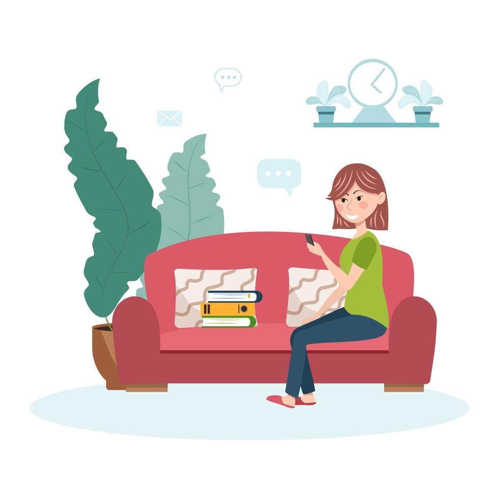 Work at home design concept. Freelancer woman is sitting in the living room on the sofa with a mobile phone and work folders. Vector illustration