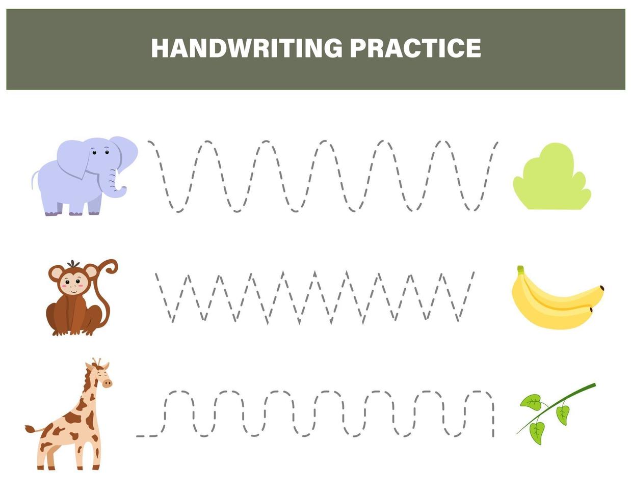 Handwriting practice. Safari animals. Elephant, monkey, giraffe vector