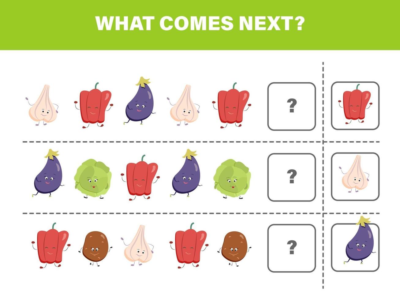 What comes next. Vegetables game. Lazy game. Children education vector