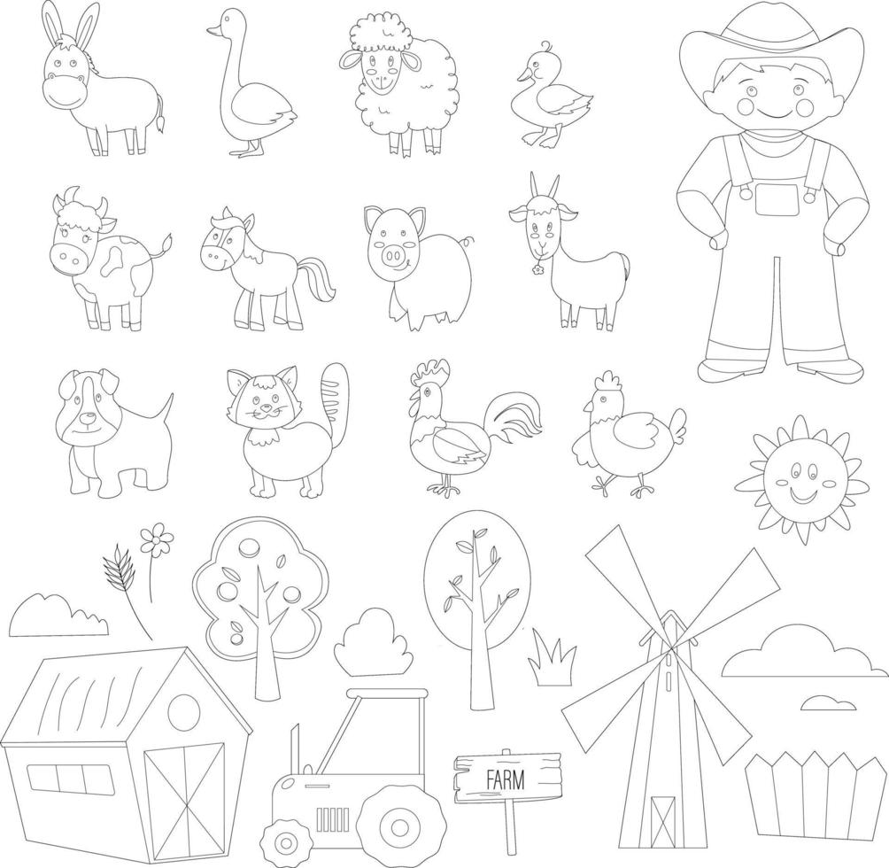 Coloring page. Farm animals set. Cartoon style vector