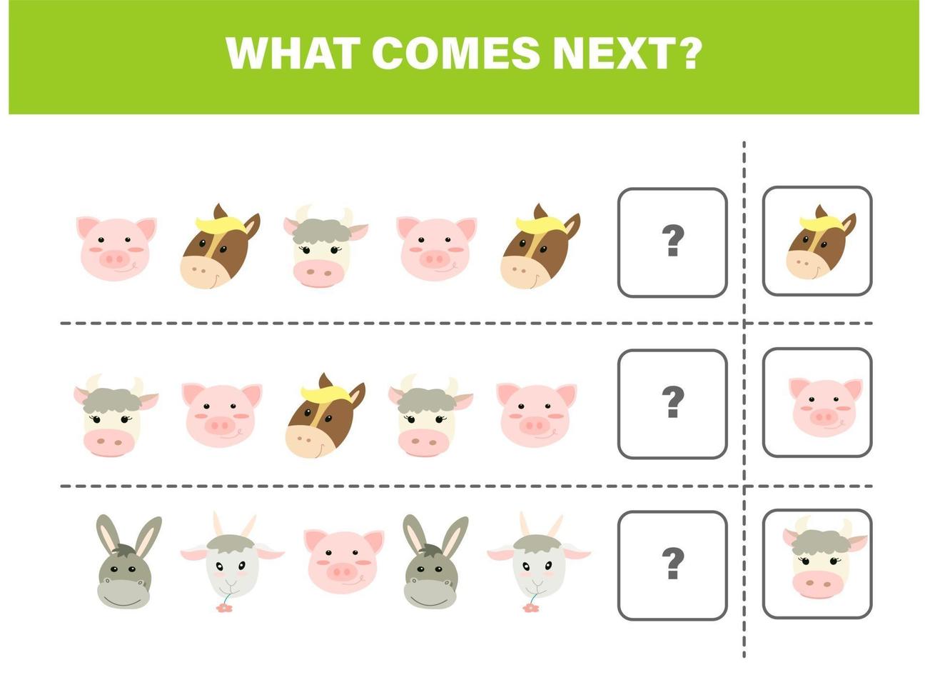 What comes next. Farm animals kid game vector