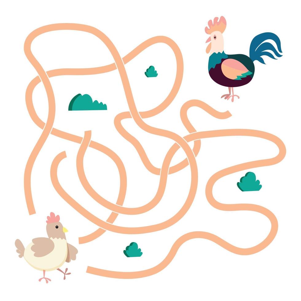 laberinto. juego de laberinto con aves de granja. gallo y gallina vector