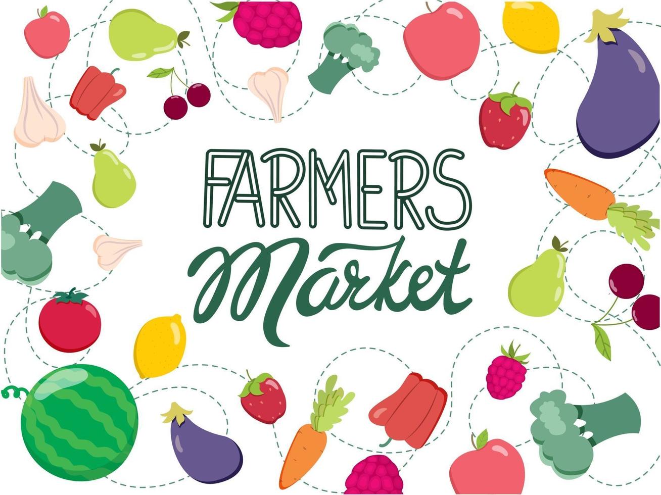 Fruit and vegetable background and hand lettering farmers market. Vector illustration. Healthy food concept