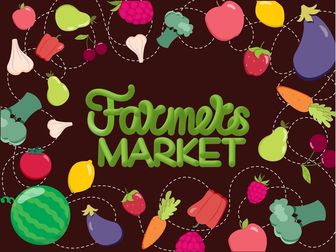 Fruit and vegetable background and hand lettering farmers market. Vector illustration. Healthy food concept
