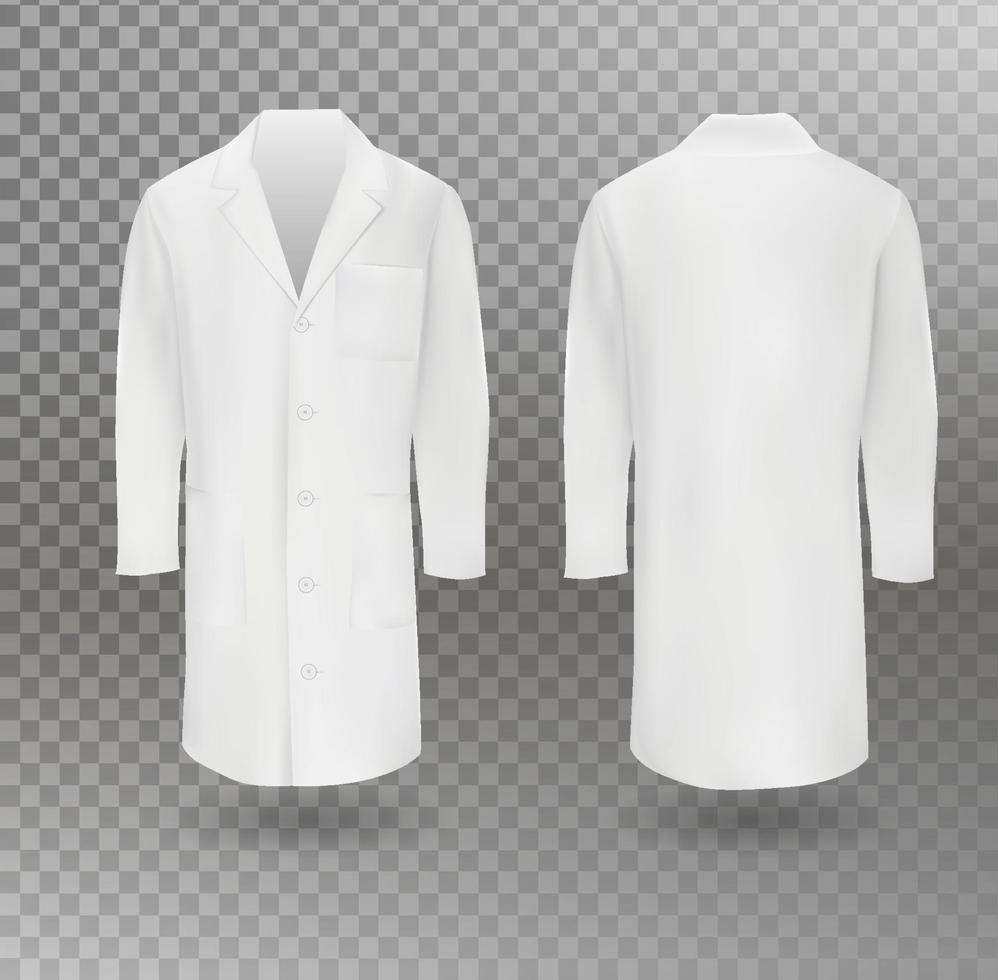 Realistic white medical lab coat, hospital professional suit vector template isolated. Vector illustration.