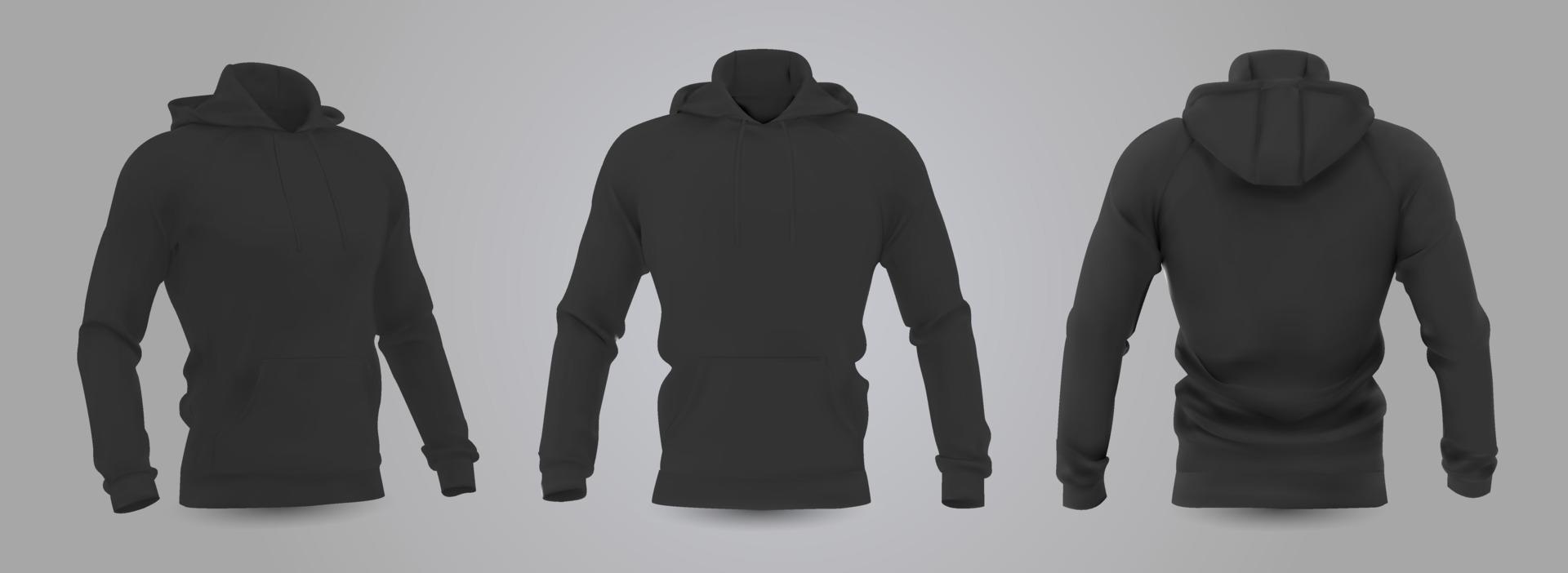 Black men's hooded sweatshirt mockup in front, back and side view, isolated on a gray background. 3D realistic vector illustration, pattern formal or casual sweatshirt.