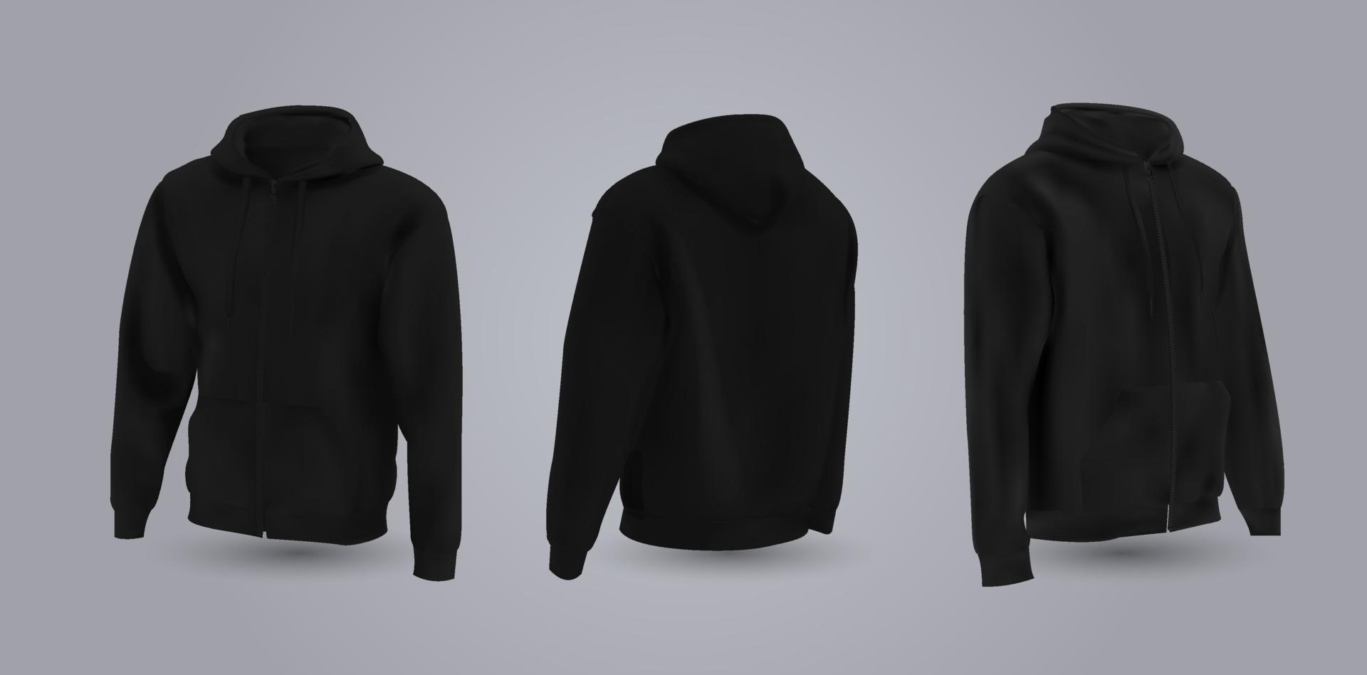 Black men's hooded sweatshirt mockup in front, back and side view, isolated on a gray background. 3D realistic vector illustration, pattern formal or casual sweatshirt.