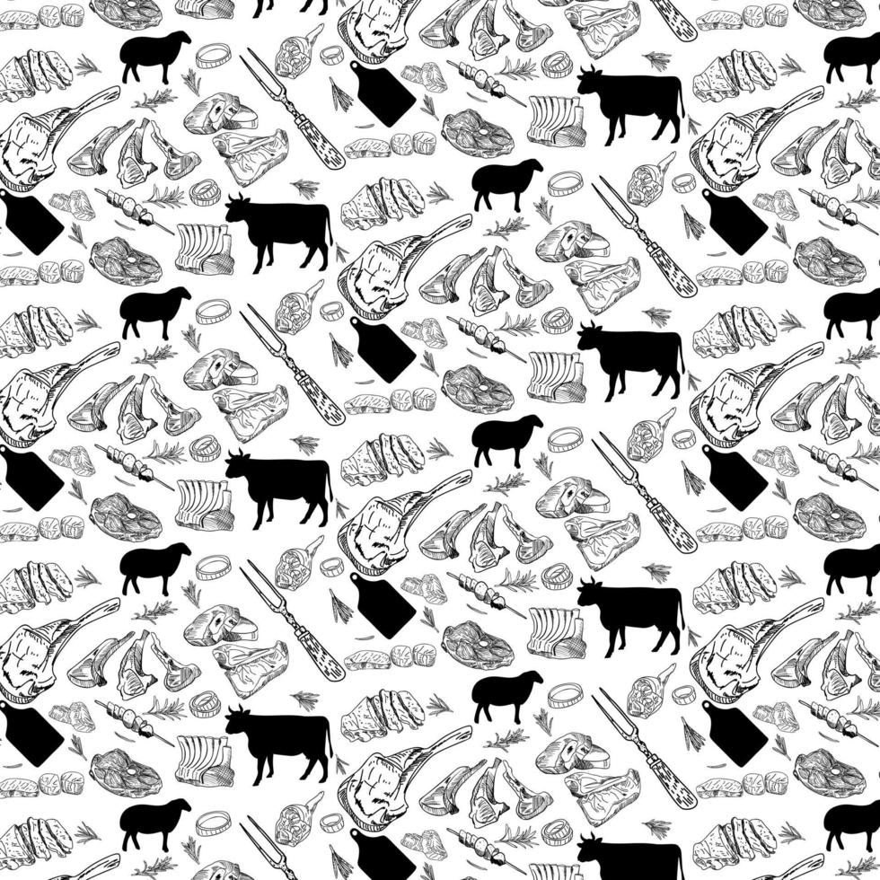 Hand drawn Meat products seamless pattern. Vintage design template, banner. Vector. vector