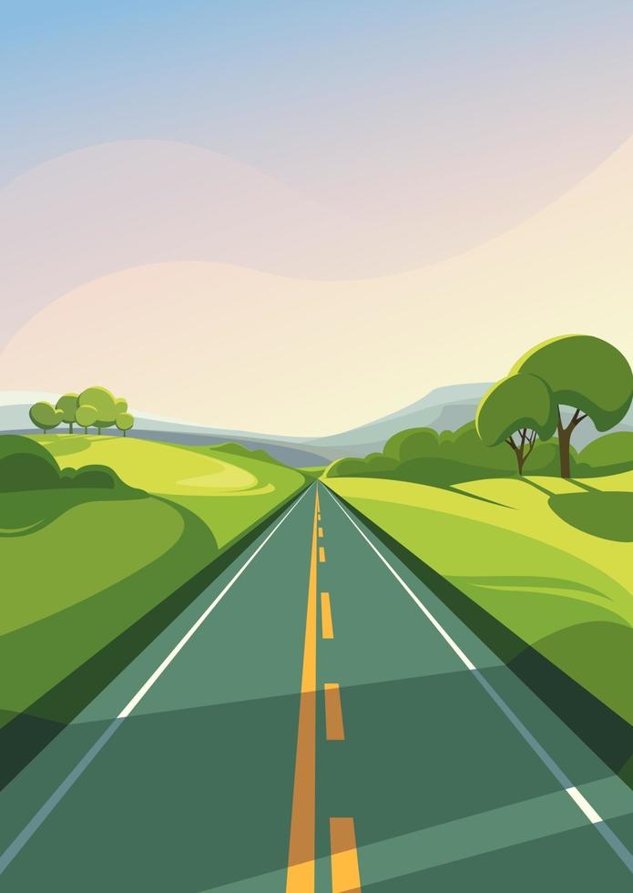Summer road stretching into the horizon. Outdoor scene in vertical orientation. vector