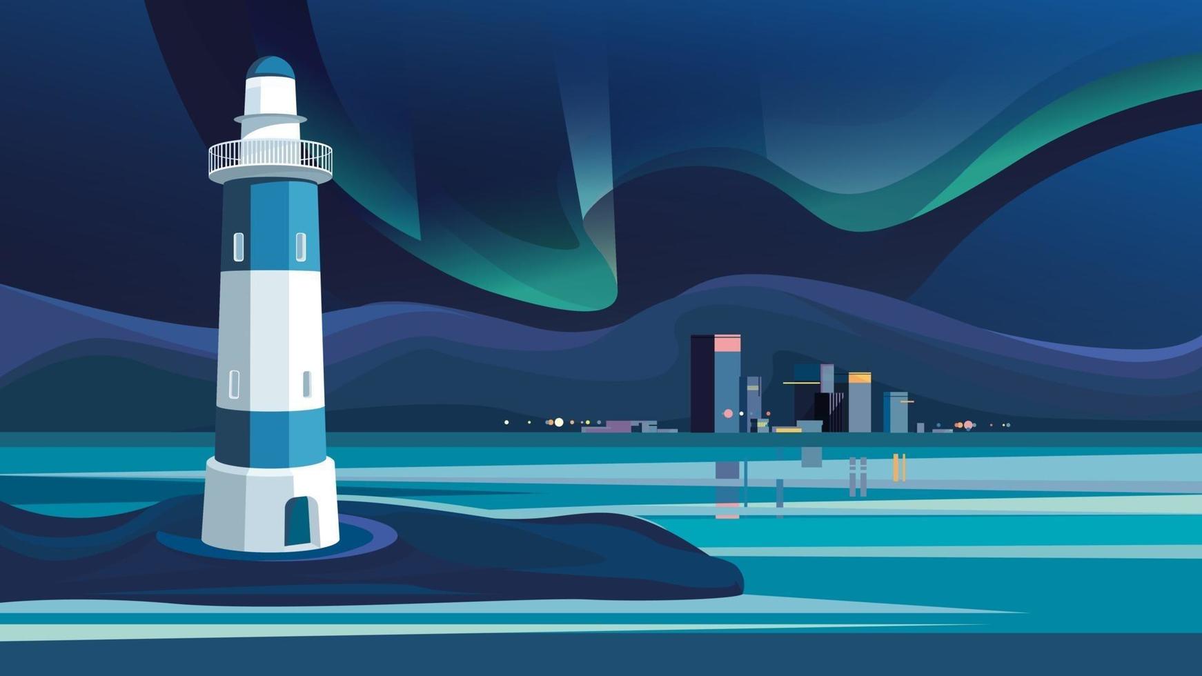 Lighthouse on background of night city. vector