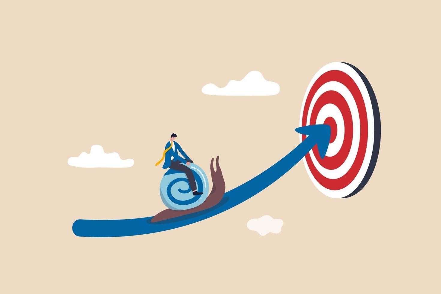 businessman riding snail slow walking on arrow to reach target vector