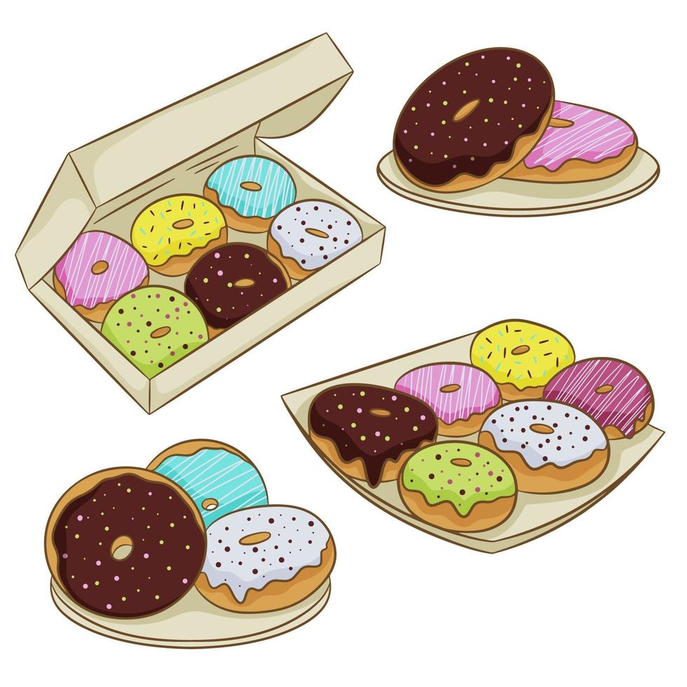 una colección de coloridos donuts glaseados en una caja, aislado en un fondo blanco. ilustración vectorial en estilo plano de dibujos animados. vector