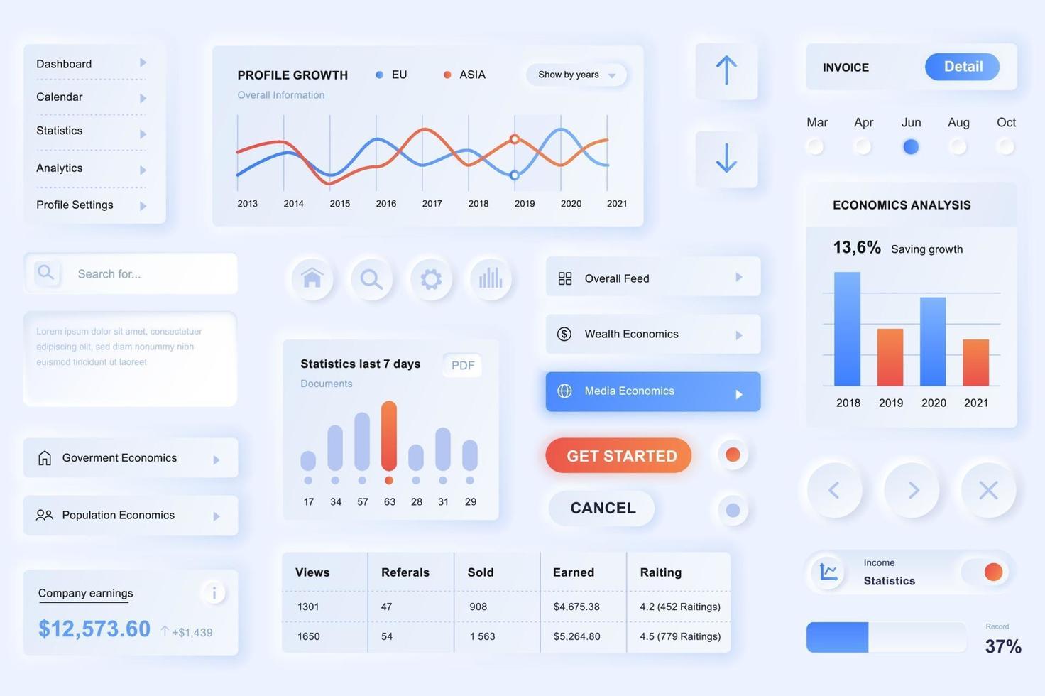 User interface elements for data analysis app neumorphic design UI elements template vector