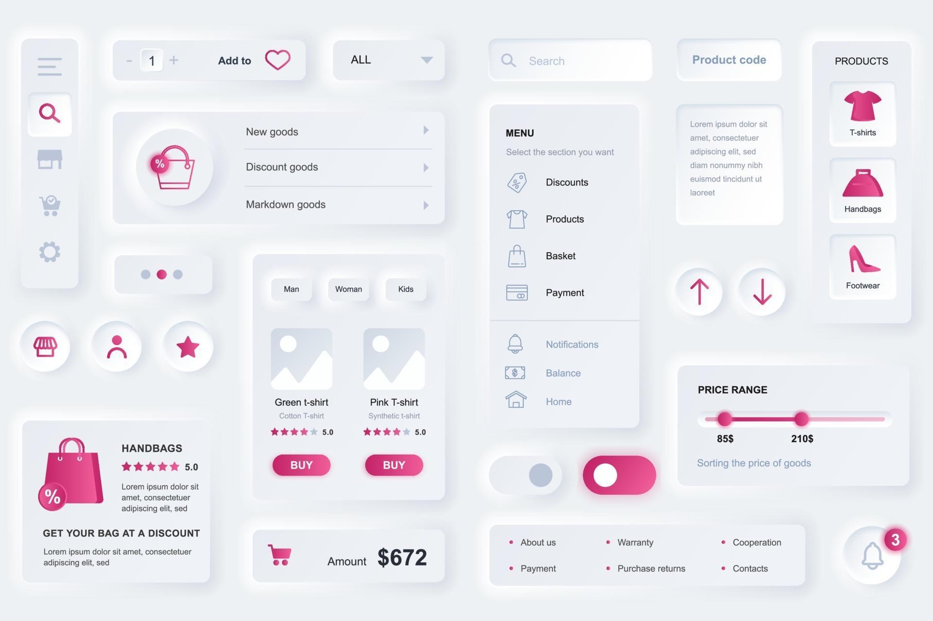 User interface elements for shopping app neumorphic design UI elements template 2298899 Vector