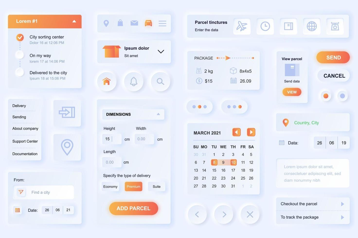 User interface elements for delivery app neumorphic design UI elements template vector