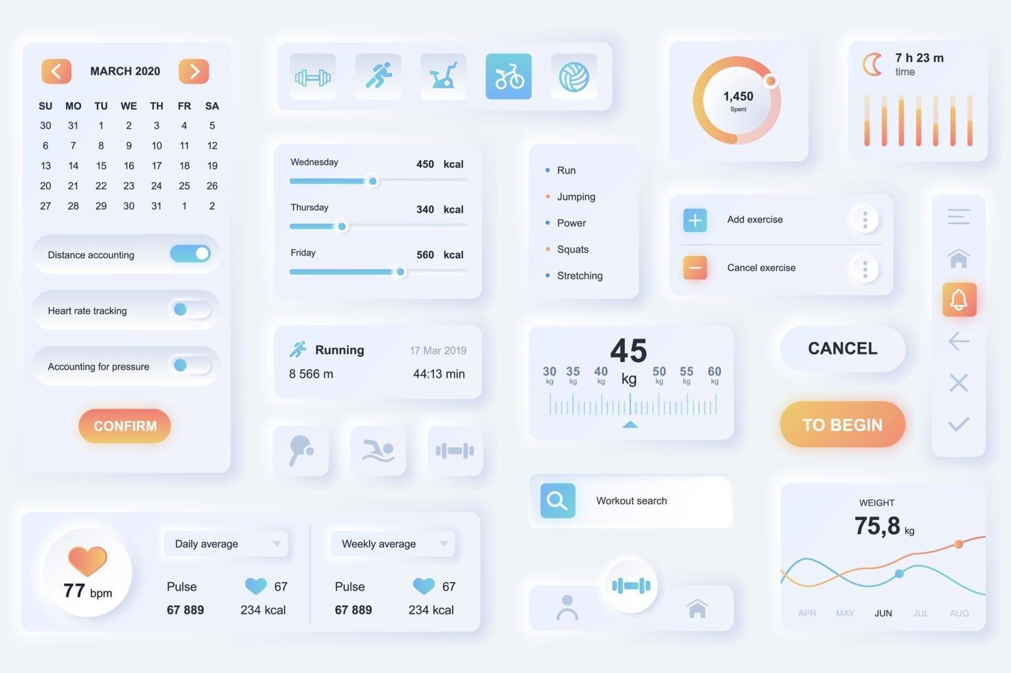 User interface elements for fitness mobile app neumorphic design UI elements template vector