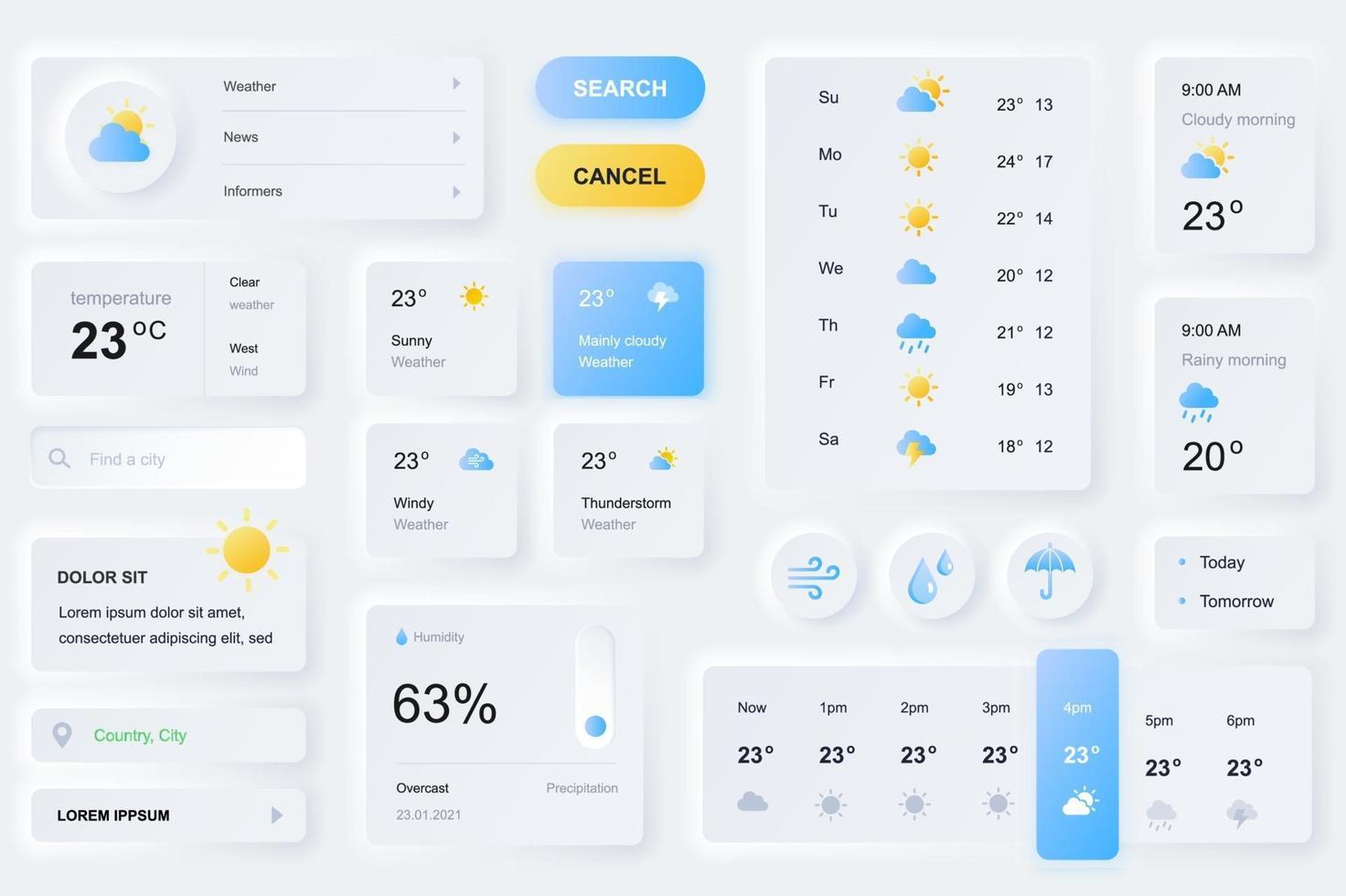 elementos de la interfaz de usuario para la aplicación de pronóstico del tiempo plantilla de elementos de ui de diseño neumorfológico vector