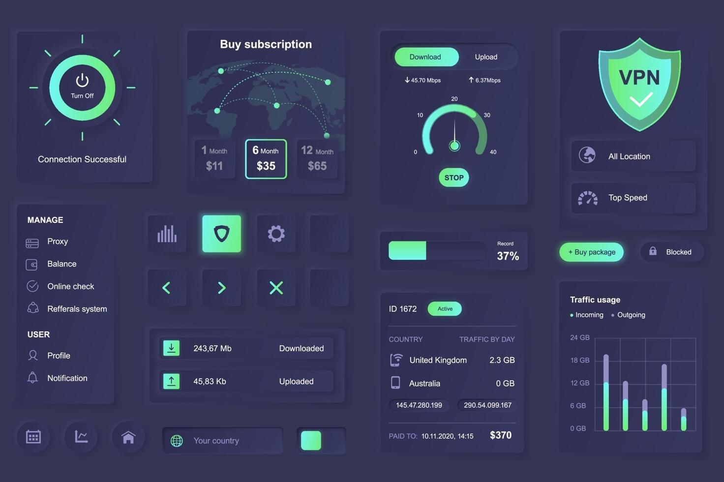 elementos de la interfaz de usuario para la aplicación móvil del servicio vpn plantilla de elementos de ui de diseño neumorfico vector