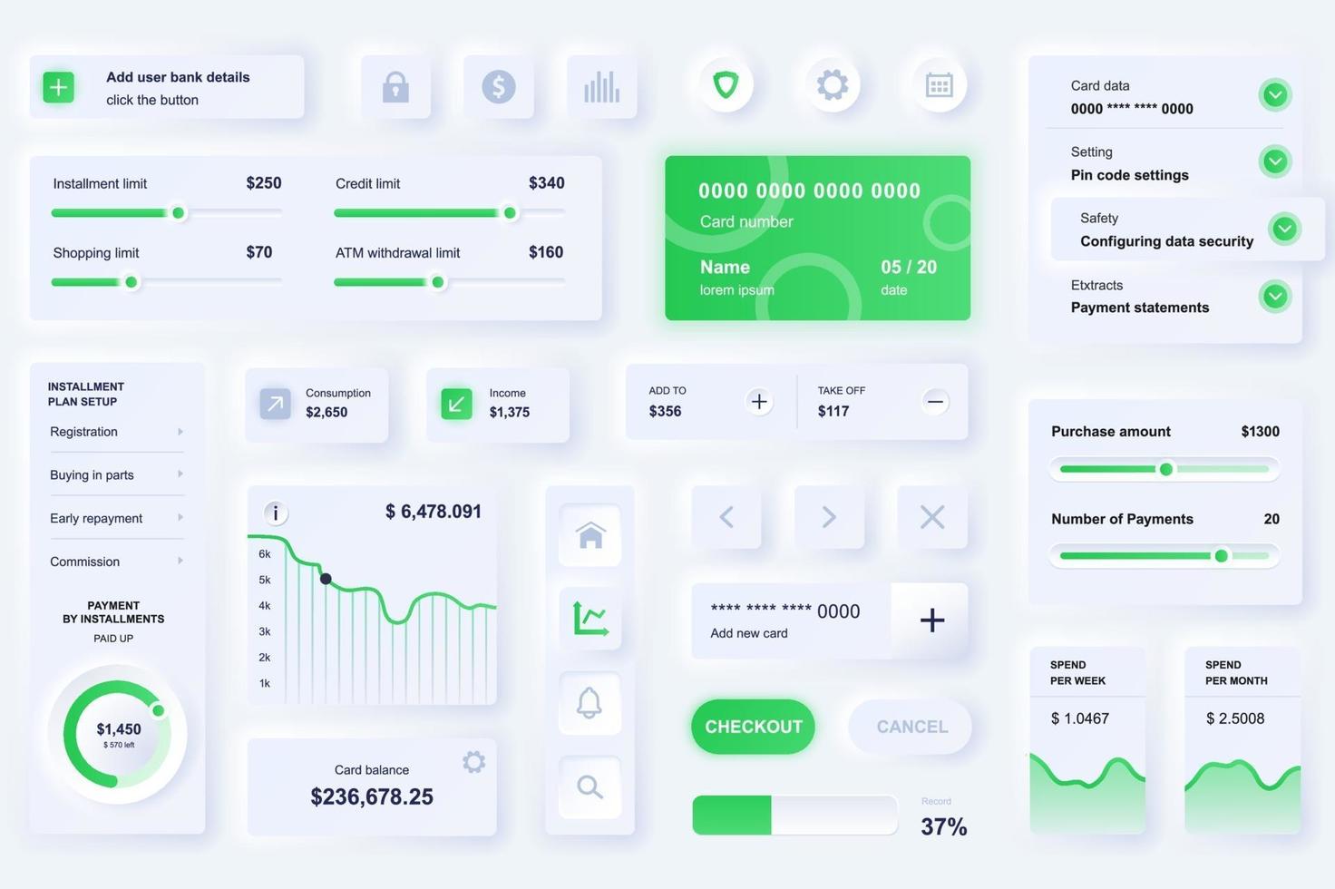 User interface elements for online banking mobile app neumorphic design UI elements template vector