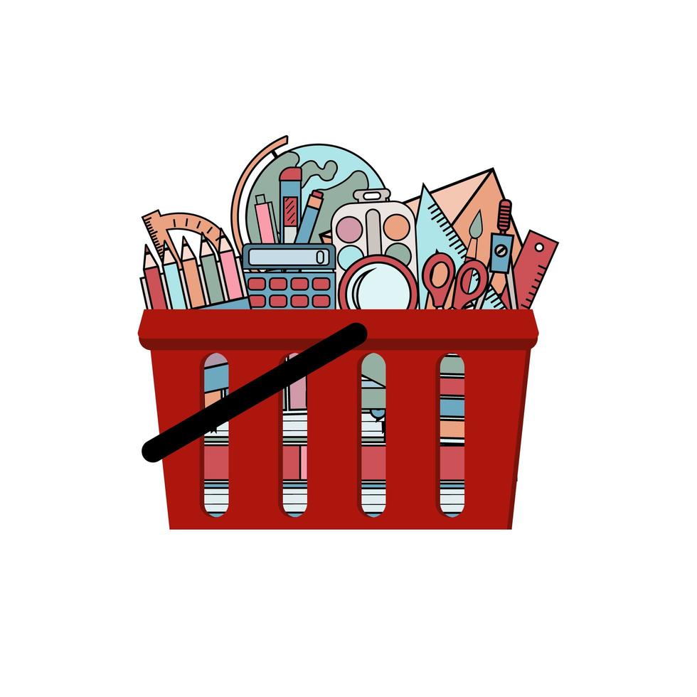 A set of office and school stationery items in the shopping cart vector