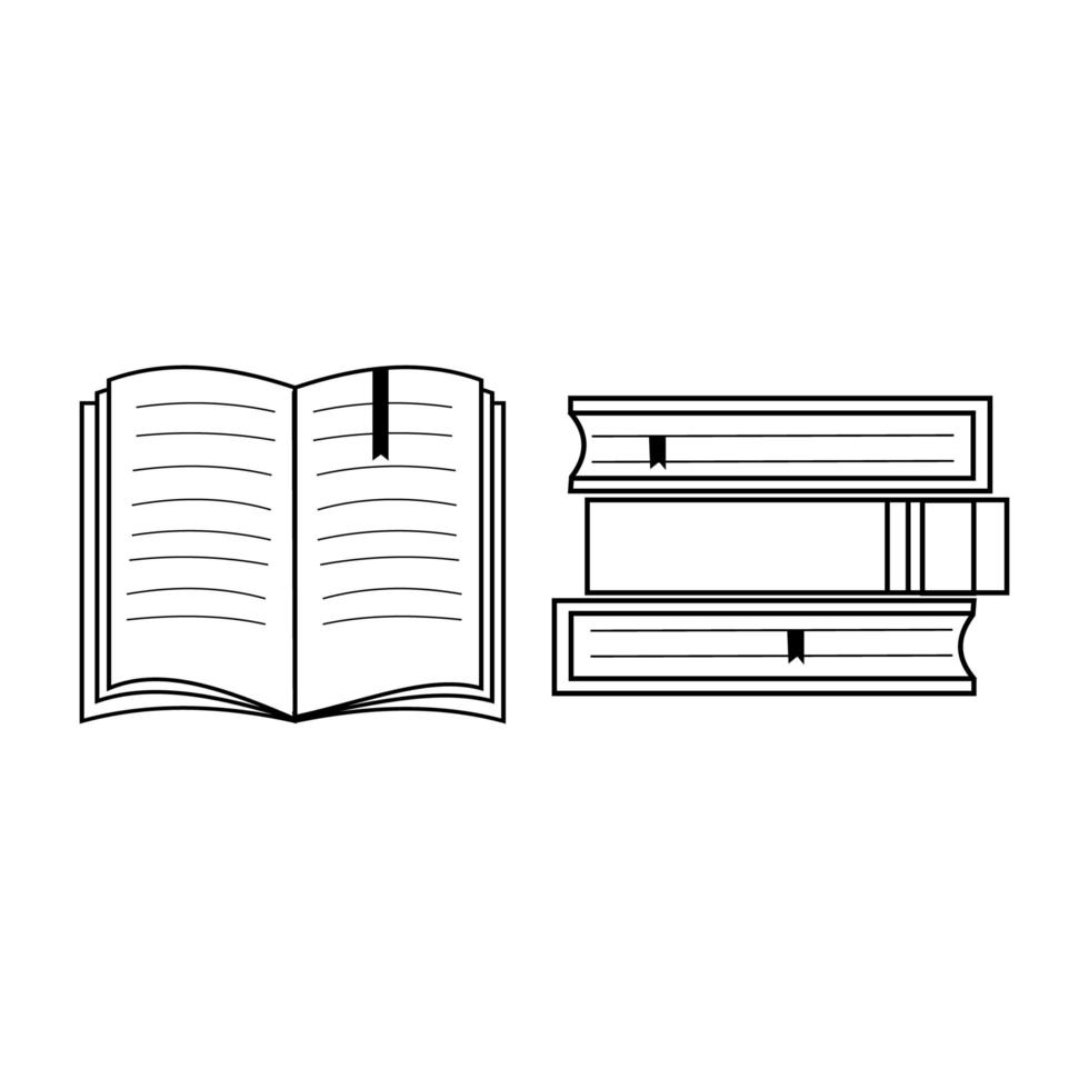 A set of books and an open book is made with a black outline vector