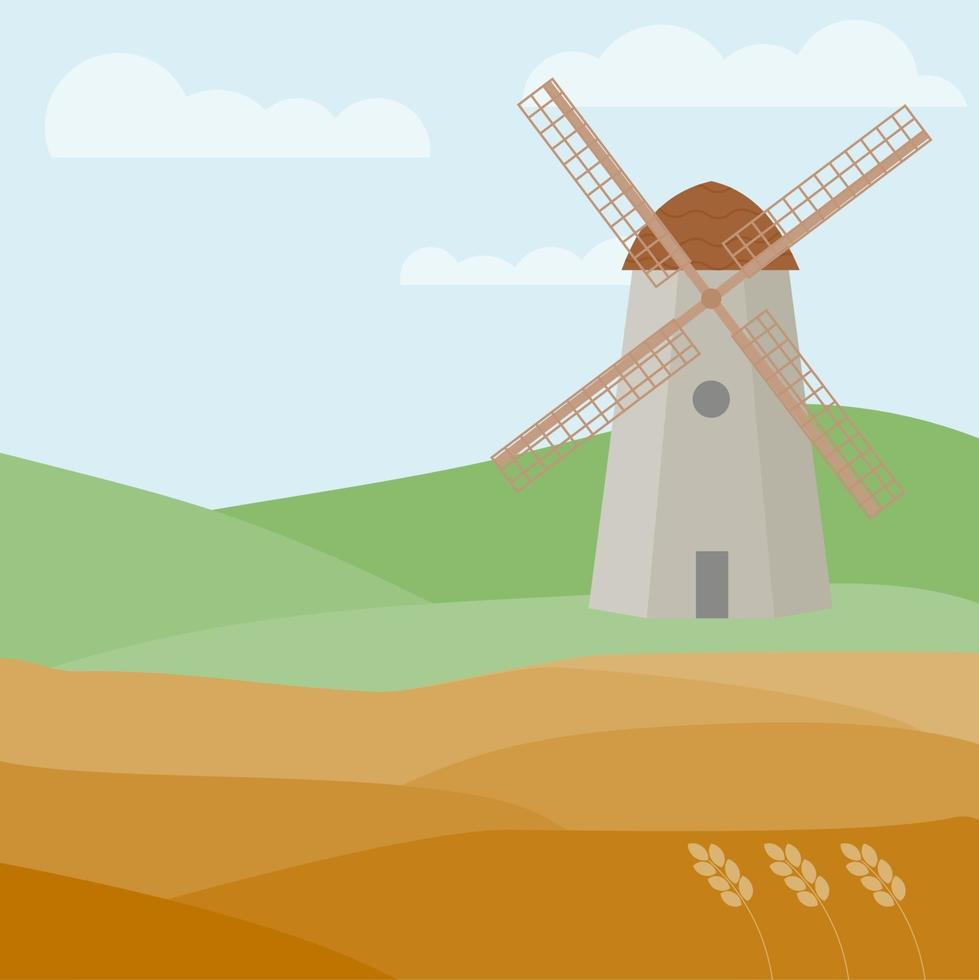 Abstract fields of cereals. Landscape with a windmill. Wheat fields vector