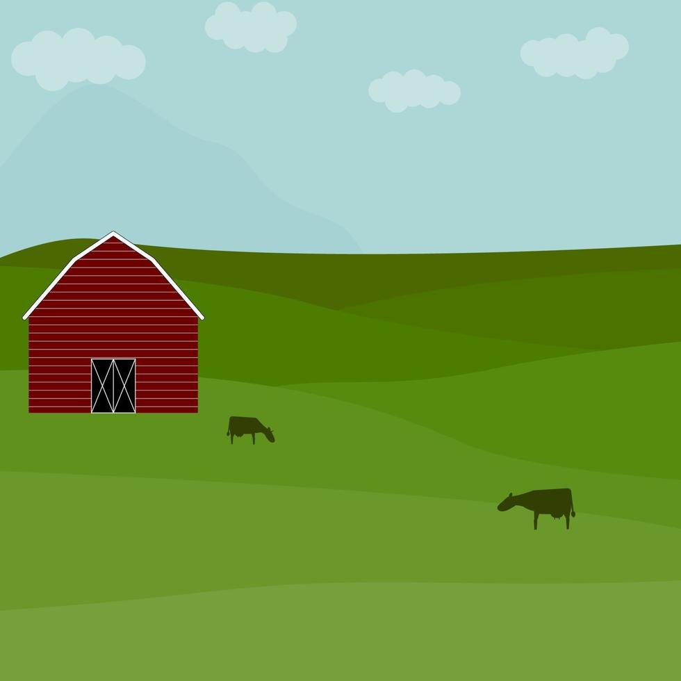 Farm landscape with barn and cows. Rural area meadow vector