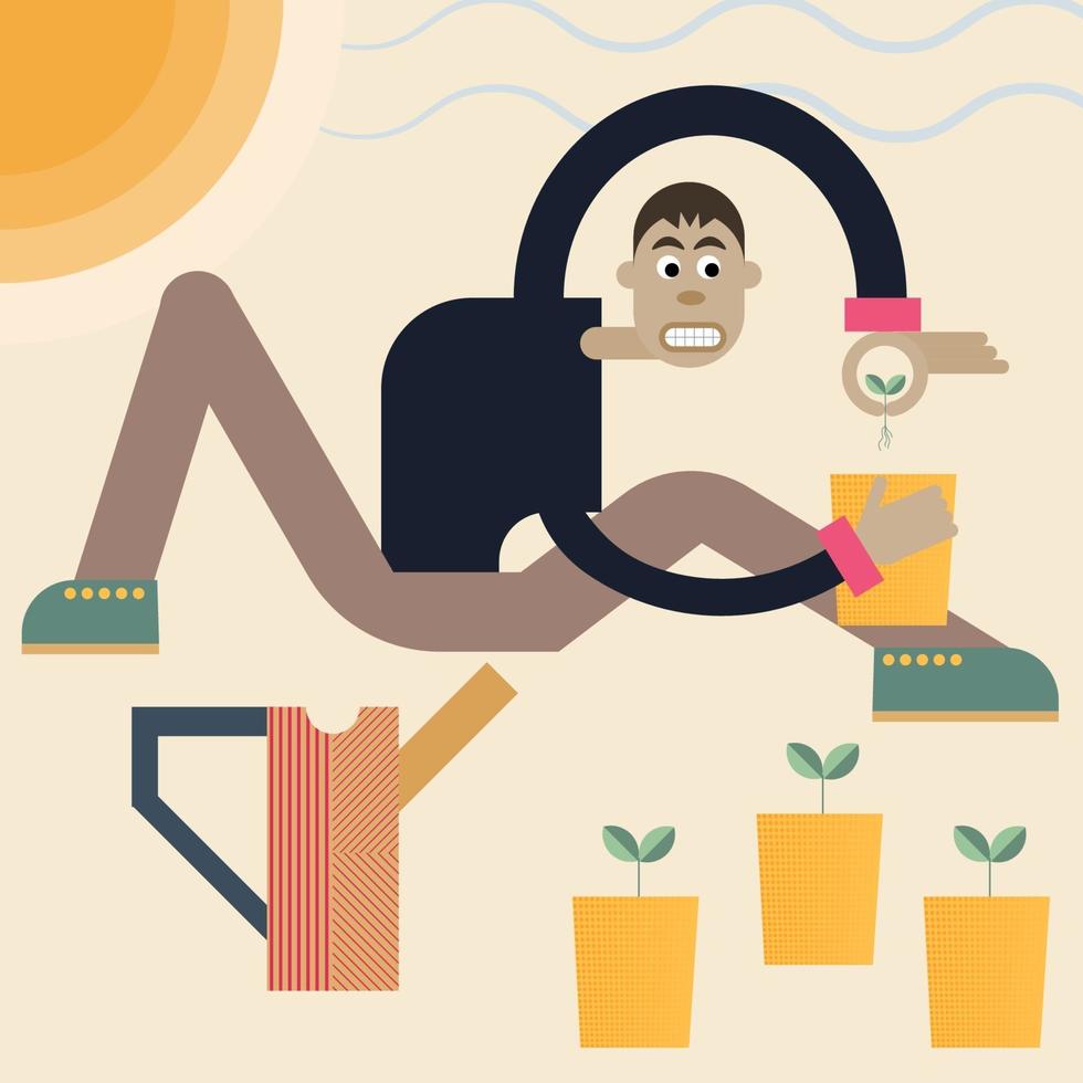 hombre plantando semillas. Ilustración abstracta de vector de un jardinero con plantas y regadera