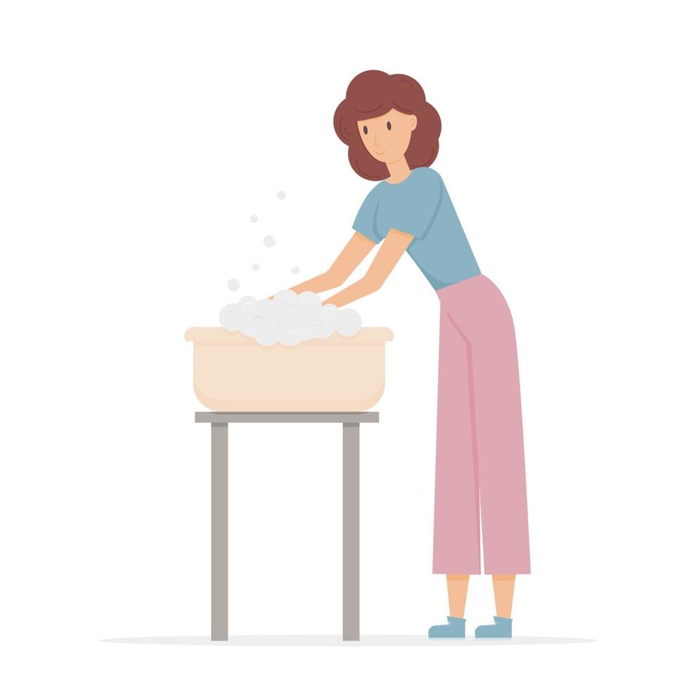 The girl washes in the basin. Vector flat character on a white background