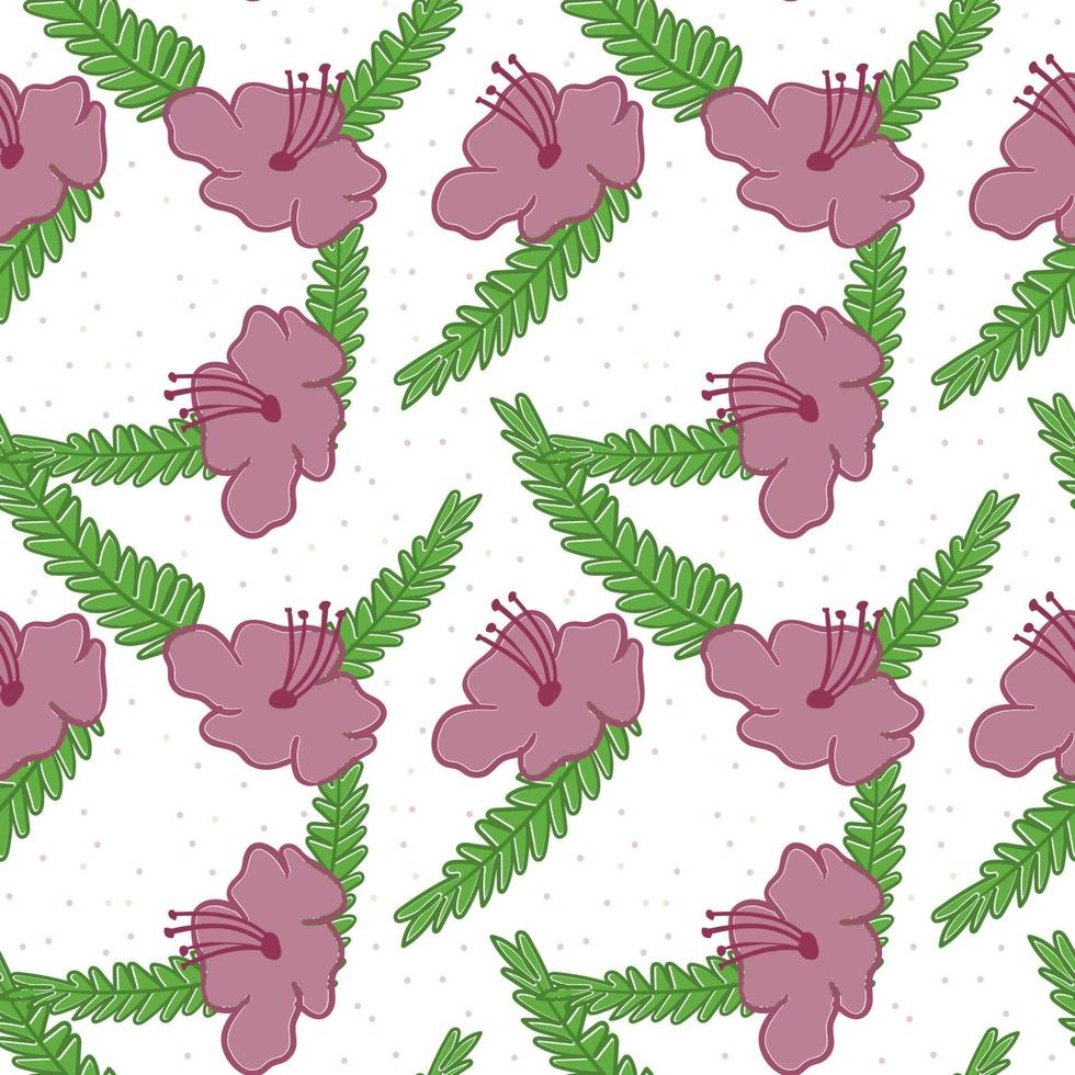 Seamless floral pattern. Pink flower with outline, green leaf and colored dots with transparency background vector